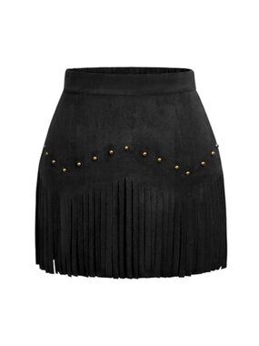 Faux Suede Fringe Mini Skirt A-Line High Waist Western